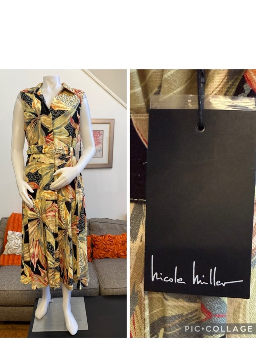 ❣️🆕Nicole Miller Linen Blend Leopard Tropics Green Print Midi Dress $169 MSRP❣️